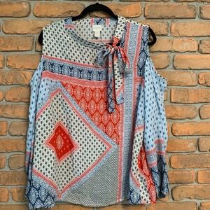 Chico's Cold Shoulder Blouse Womens XL Tie Neck Patchwork Print Top Blue‎ Red